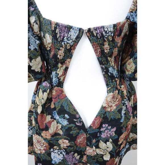 BOHME LaRuth Floral Brocade Short Puff Sleeves Pockets Smocked Mini Dress Size L - Picture 13 of 16